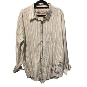 ROBERT GRAHAM Button Down Long Sleeve Stripe Shirt Black White Embroidered